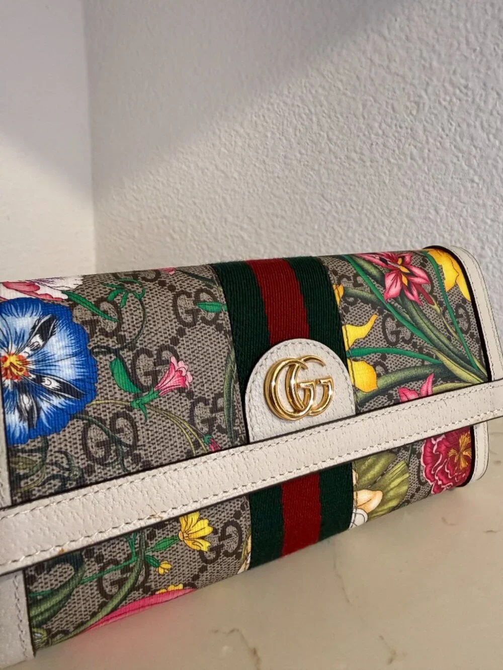 🌸 Gucci Ophidia GG Flora Continental Long Wallet with White Leather Trim